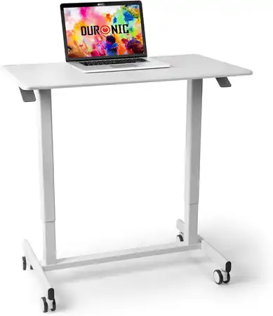 Escritorio elevable manual Duronic TM03T en color blanco con ruedas y ajuste de altura mecánico, ideal para espacios pequeños y portátiles.