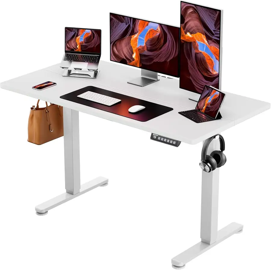 Escritorio elevable ErGear blanco de 120x60 cm con gancho para auriculares y espacio de trabajo organizado.