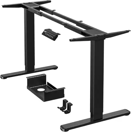Estructura de escritorio elevable ErGear en color negro con doble motor, ganchos laterales y soporte para torre, ideal para setups potentes y ordenados.