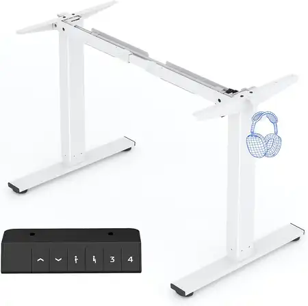 Estructura de escritorio elevable Flexispot EC1 en blanco con motor único, 4 memorias y ganchos laterales, perfecta para espacios compactos.