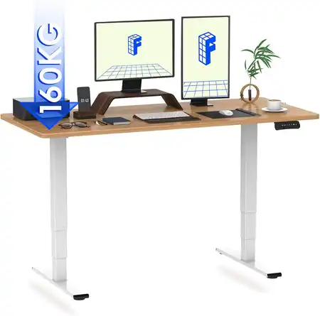 Escritorio elevable eléctrico Flexispot EC5 140x80 con tablero color arce y estructura blanca, ideal para setups versátiles con doble motor silencioso.
