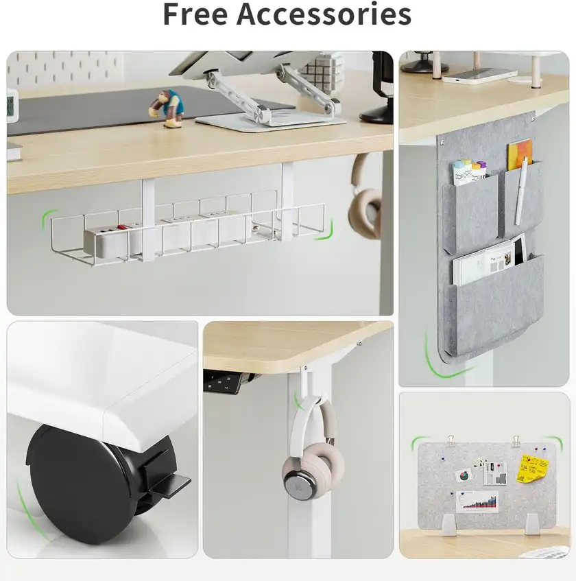 maidesite-sn1-accesorios-incluidos-escritorio-elevable Accesorios incluidos del MAIDeSITe SN1: soporte de auriculares, bandeja de cables y alfombrilla en escritorio elevable completo