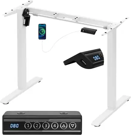 Marco de escritorio elevable Woltu blanco con rango de altura de 72 a 120 cm, puerto USB integrado y mando digital con 4 memorias programables.