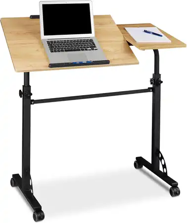 Escritorio elevable manual Relaxdays en madera y negro, con doble superficie inclinable y ruedas, ideal para estudiar o teletrabajar con flexibilidad.