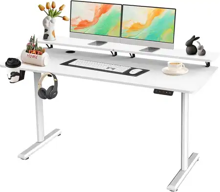 Escritorio elevable eléctrico Sosinya 140x60 en blanco, con soporte de monitor integrado y diseño funcional para espacios reducidos.