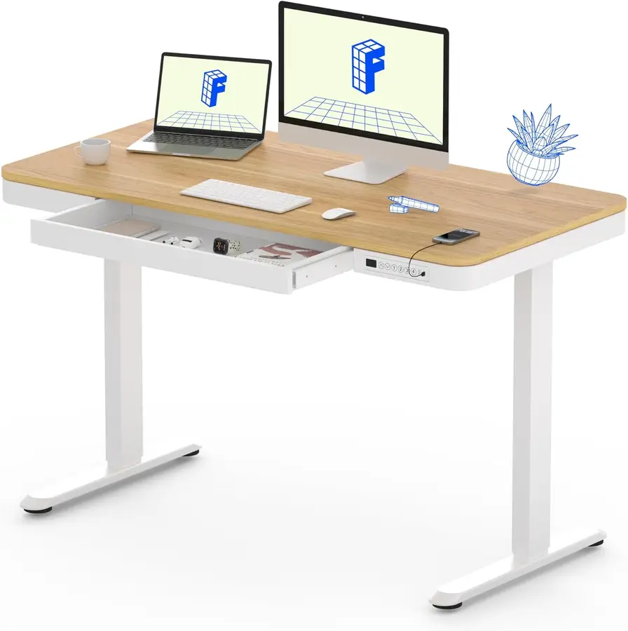 FlexiSpot Q3 blanco con tablero efecto arce de 120x60 cm y cajón abierto