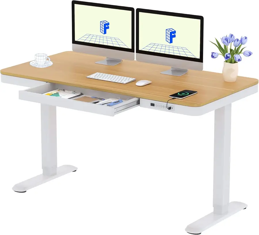 FlexiSpot Q3 blanco con tablero de arce 140x70 cm y dos monitores