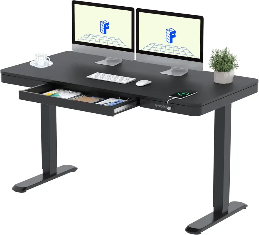 Vista superior del escritorio FlexiSpot Q3 negro de 140x70 cm con cajón abierto