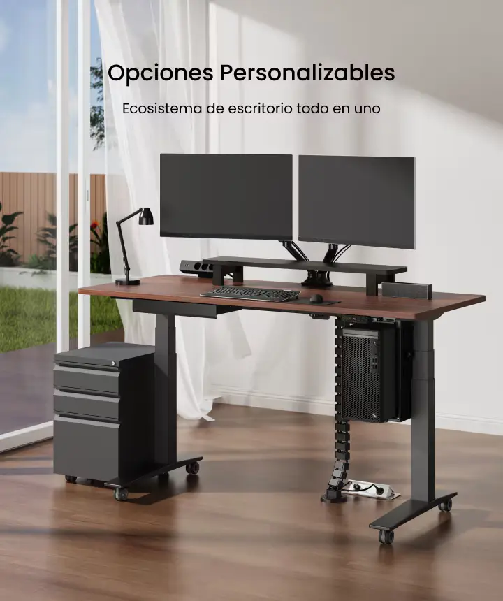 Escritorio elevable FlexiSpot E7 Pro con doble monitor y accesorios personalizados en oficina moderna.